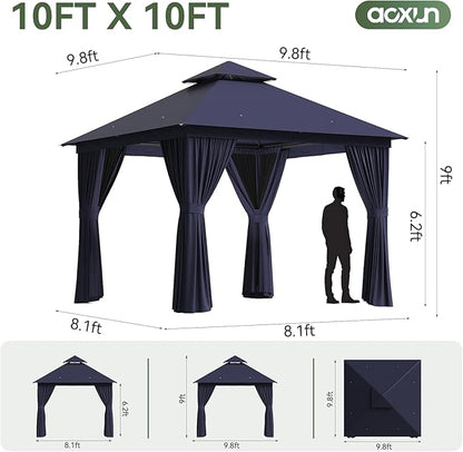 Aoxun Outdoor Gazebo for Patio 10x10 Metal Frame Canopy with Double Roofs Heavy Duty Party Tent and Shelter with Mosquito Netting and Privacy Screen for Backyard, Lawn, Garden, Deck (Navy Blue)