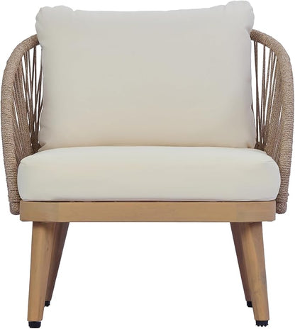 Merax 4-Piece Acacia Wood Patio Conversation Set - Curved Tub Loveseat & Chairs with Woven Rope Accents,Slatted Coffee Table & Weather-Resistant Cushions for Outdoor Deck,Garden or Balcony,Teak+ Beige
