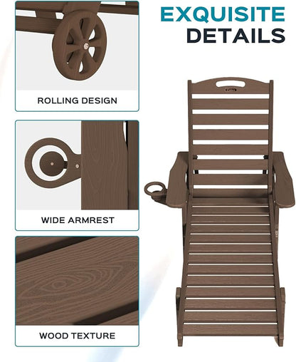 Ciokea Outdoor Lounge Chair Set of 4, All Weather Patio Chaise Lounge Chair for Outside, HDPE Chair with Rolling Wheels & Cup Holder, 5 Position, Deck, Pool, Dark Brown