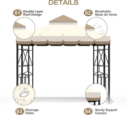 10x10 Canopy Replacement Top Double Tiered Gazebo Cover for Yard, Patio & Garden Durable Sunshade Replacement (BeigeBrown with lace)
