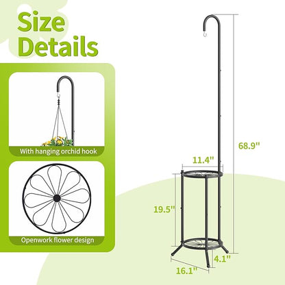 Plant Stand with Hooks Indoor Outdoor Corner Tall Plant Stand Heavy-Duty Metal 3-Tier Plant Shelf Holder Rack for Patio Garden Balcony Living Room Bedroom(semicircular Black)