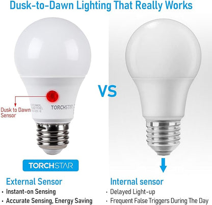 TORCHSTAR Dusk to Dawn Light Bulbs Outdoor, Sensor A19 LED Light Bulb, Auto on/Off Photocell Automatic for Outdoor Lighting, UL FCC DOE, 5000K, Pack of 4