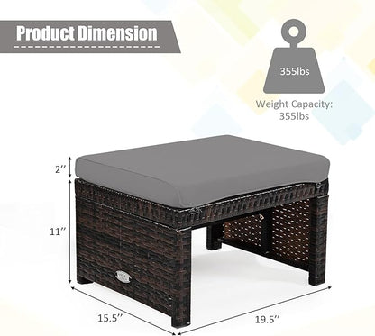 Tangkula 2 Pieces Patio Rattan Ottomans, All Weather Outdoor Footstool Footrest Seat with Soft Cushion, Hidden Zipper, High-Density Sponge, Wicker Ottoman Seat for Patio, Garden, Poolside