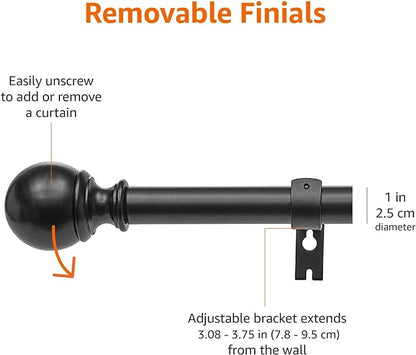 Amazon Basics Sturdy Adjustable Curtain Rod for Windows with Round Finials, 1-Inch, 72" to 144", Black, 1-Pack