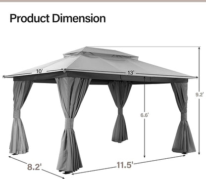LAUSAINT HOME Semi-Permanent Outdoor Patio Gazebo 10'x13', Heavy Duty Party Tent Shelter with Double Roofs, Mosquito Nettings and Privacy Screens for Backyard, Garden, Lawn, Gray
