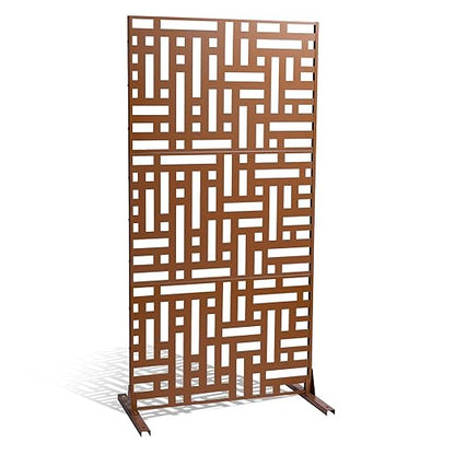 VEVOR Metal Privacy Screen, 47" W x 76" H, Outdoor Privacy Screens 3-Panel, Freestanding Outdoor Divider with Stand, Decorative Garden Steel Privacy Fence for Balcony Patio Indoor Room Hot Tub Brown