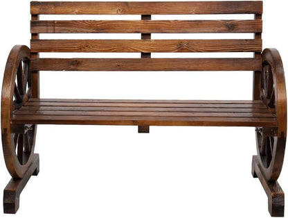 Outvita Wooden Garden Bench, Outdoor Rustic Wagon Wheel Bench with Armrest & Fir Construction for Garden Porch Backyard Patio Park, Seats 2 Person Carbonized