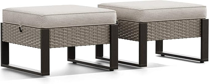 Joyside Outdoor Patio, All-Weather PE Rattan Ottomans Footstools with Removable Cushions & Anti-Rust Wood-Looking Legs for Garden, Backyard, Porch, Deck (Beige)