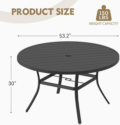 MELLCOM 53'' Round Outdoor Dining Table for 6, Metal Patio Dining Table with Umbrella Hole, All-Weather Black Table for Porch, Garden, Backyard, Poolside, Lawn