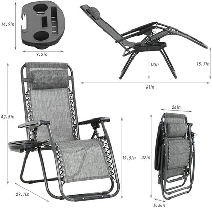 FDW Set of 2 Lawn Outdoor Deck Camping Folding Patio Beach Anti Recliner Pool Chair with Pillow and Cup Holder, Grey