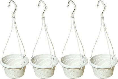 VIDELLY 4 Pieces Plastic Hanging Planters, 5.9 in Dia x 3.54 in H, Small Flower Plant Basket Pots Chain Holder Garden Decoration for Indoor and Outdoor Use, Beige White