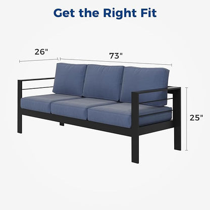 Kiss the Water Outdoor Couch Aluminum Patio Furniture Sofa, 3 Seat All-Weather Metal Patio Couch with 5" Thick and Soft Cushion and Wide Arm, Outdoor Sofa for Balcony, Porch