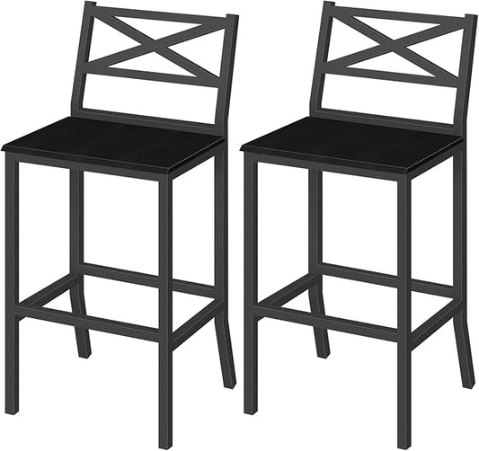 Bar Stools, Set of 2 Bar Chairs with Backrest and Footrest, 26" Tall Counter Bar Stools, Kitchen Breakfast Bar Chairs, Easy Assembly, for Dining Room, Black BAHB0901N1