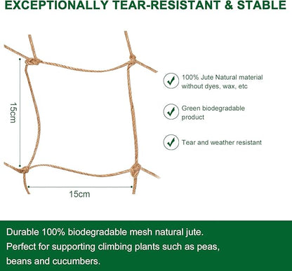 Jute Trellis Netting - Jute Netting for Garden, Heavy Duty Plant Support Netting for Climbing Plants, Cucumber, Vine, Fruits & Vegetables, Climbing Vining Plants (3.3 Ft X 6.6 Ft, 5.9 Inch Squares)