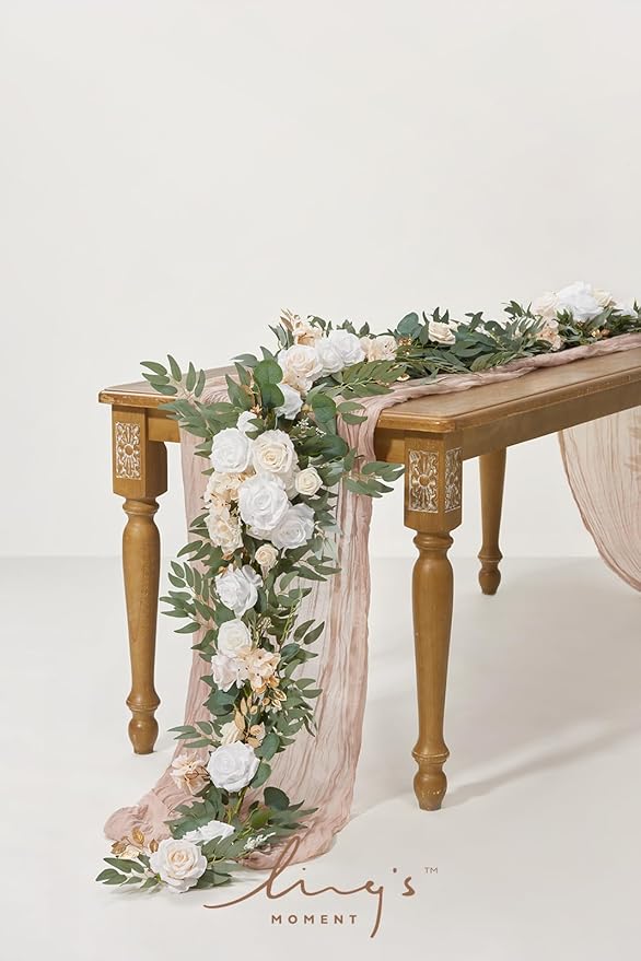 Artificial Flower Garland, 6 Ft Eucalyptus and Willow Leaf, White Beige