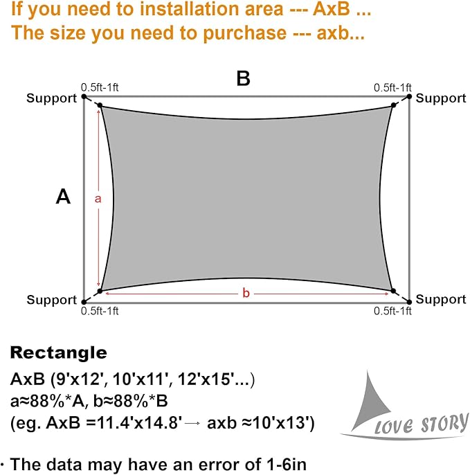 LOVE STORY Custom Size 16'x18' Graphite Grey Sun Shade Sail Rectangle UV Block Canopy Patio Sail Sunshades Fabric for Outdoor Garden Carport (We Make Custom Size)