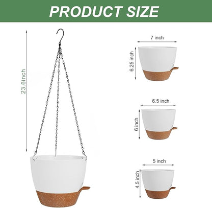 3 Pack Hanging Planter Indoor Outdoor Flower Pots 7/6.5/5 Inch, Self-Watering Hanging Pot with Drainage Holes Hanging Baskets Holder Plant Pots for Garden (White)