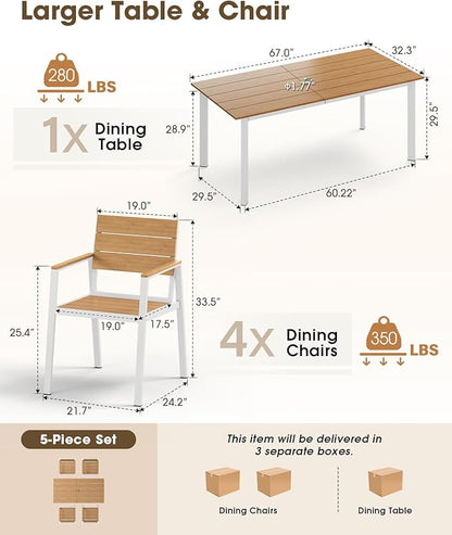 Outdoor Patio Dining Set, Aluminum & HDPS 5 Piece Outdoor Table and Chairs Set with Umbrella Hole, Modren Rectangular Patio Furniture Set with All-Weather Table and 4 Chairs (White & Teak)