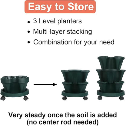 Vertical Planter 3 Tier Stackable Planters Garden Planters Strawberry Herb Flower and Vegetable Planter Indoor Outdoor Gardening Pots with Removable Wheels and Tools