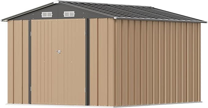 Greesum 8x10FT Outdoor Storage Shed, Metal Storaged Sheds with Lockable Doors, Sheds & Outdoor Storage for Bike, Backyard, Pool and Garden, Brown