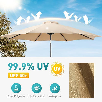 OLIXIS 9ft Patio Umbrella with Tilt and Crank Button & 8 Sturdy Ribs Waterproof, Patio Table Umbrella Perfect for Poolside, Terrace, Beach and Outdoor Restaurant, Khaki
