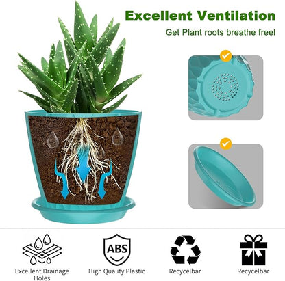 6 Pack 6 Inch Indoor Plant Pots with Drainage Holes, Outdoor Plastic Decorative Flower Pots, Garden Planters with Tray Saucers for Orchids, Violets, Succulents, Herbs, and Other Plants