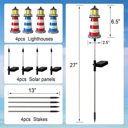 4 Pack Lighthouse Solar Lights,7 Light Color Changes,IP65 Waterproof Solar Pathway Lights for Garden,Lawn,Outdoor Lighthouse Decor