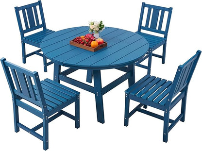 AMERLIFE 5 Piece HDPE Outdoor Dining Table & Chairs Set, All-Weather Patio Table and Chairs Set Furniture with Umbrella Hole for Garden, Backyard, Poolside, Seaside, Blue