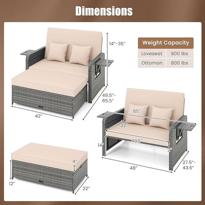HAPPYGRILL Patio Rattan Wicker Daybed with Loveseat & Storage Ottoman, Outdoor Lounge Sofa Furniture Set with Adjustable Backrest & Side Trays, for Poolside Deck Porch Lawn (Mix Grey & Beige)