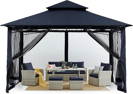 MASTERCANOPY Outdoor Garden Gazebo for Patios with Stable Steel Frame and Netting Walls (11x11,Navy Blue)