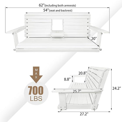 Poly Lumber 3-Seat Porch Swing, HIPS 5-Feet Bench Swing with Foldable Cup Holders,18/8 Stainless Steel Hardware, High Backrest and Deep Contoured Seat, Snow White