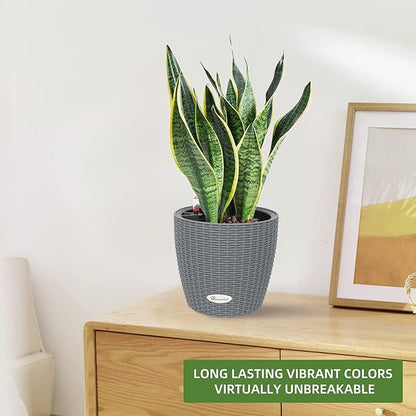 Dexceder 9x8 Inches Rattan Self Watering Planter Indoor Outdoor, Inner Pot Design, Thickened Table Flower Plant Pot with Water Level Indicator (Deep Gray)