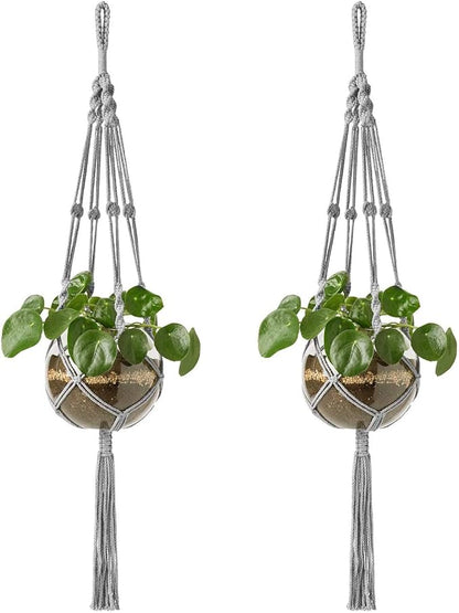 Mkono Macrame Plant Hangers Indoor Outdoor Hanging Planter Basket Cotton Rope 4 Legs 41 Inch, 2 Pack, Grey