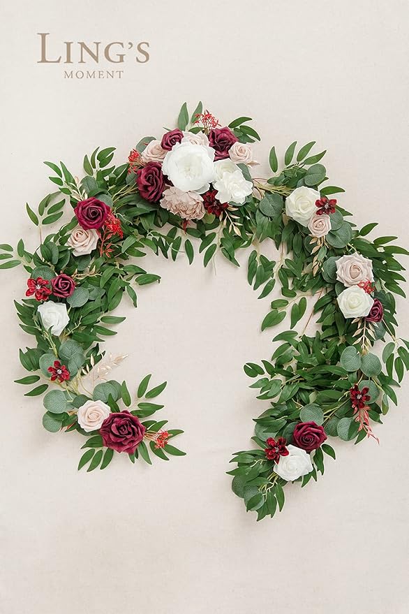 Artificial Floral Garland, 6 Ft Eucalyptus with Marsala and Blush Roses