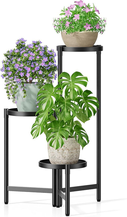 3 Tier Large Plant Stand Indoor with 7.9 Inch Wide Tray, Tiered Corner Metal Outdoor Flower Holder Stand, Folding Tall Rack for Display Shelf for Patio Porch Balcony - BlackDisk