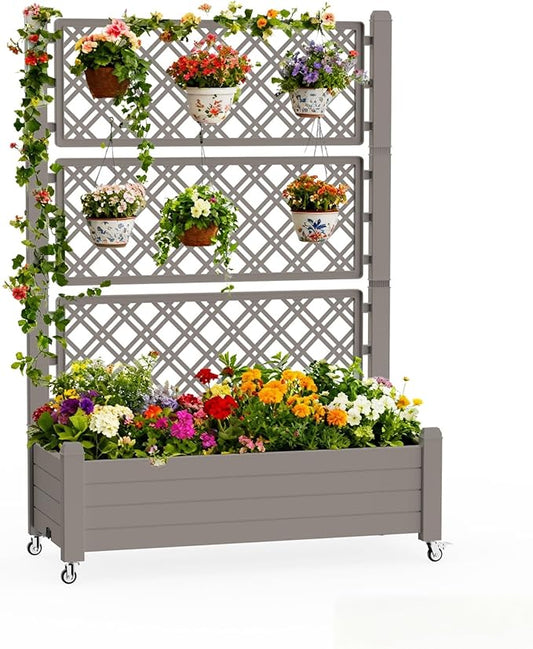 Mobile Garden Planter with Trellis & Lockable Wheels, Outdoor Raised Bed with Drainage & Water Gauge, Weather-Resistant Resin for Patio, Balcony, Yard, Dust-Resistant (Grey, 43.43*18.27*64.29)