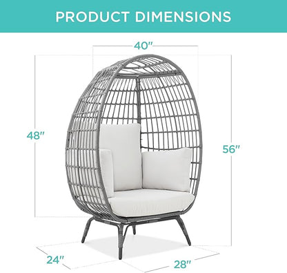 Best Choice Products Wicker Egg Chair, Oversized Indoor Outdoor Lounger for Patio, Backyard, Living Room w/ 4 Cushions, Steel Frame, 440lb Capacity - Gray/White Sand