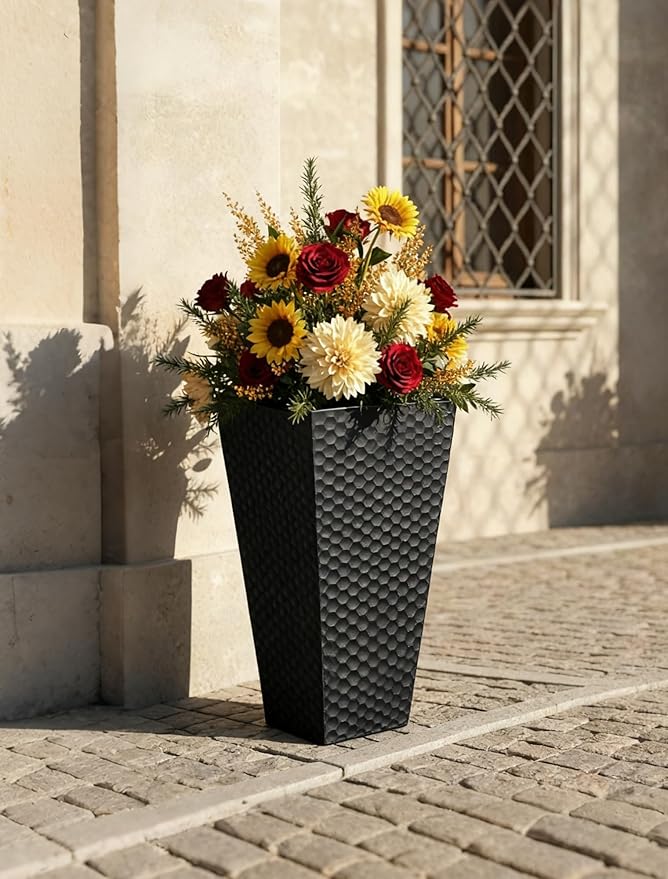 Sziqiqi Tall Planter for Indoor Outdoor: Set of 2 Large 21.6in Metal Taper Plant Pots with Inner Pots - Square Black Flower Pot with Drainage Holes for Outside Front Door Patio Garden Floor