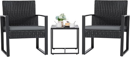 Flamaker 3 Pieces Patio Set Outdoor Wicker Furniture Modern Bistro Rattan Chair Conversation Sets with Coffee Table for Yard (Grey)