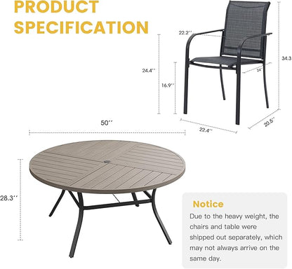 VICLLAX Patio Table and Chair Set of 6, All Weather Metal Round Outdoor Dining Furniture Set-50 Round Outdoor Table and Chairs, Grey Wood Grain Tabletop