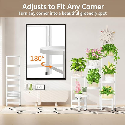 LASZOLA 8 Tiered Folding Plant Stand Indoor for Multiple Large Planter, Tall Heavy Duty Adjustable Rack with Rust Proof Plastic Shelving, Sturdy Vertical Tree Organizer for Narrow Inside Floor, White