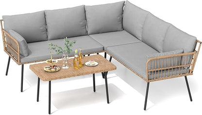 DWVO 4-Piece Outdoor Sectional Sofa Set, All-Weather Wicker L-Shaped 5-Seater Patio Furniture with Removable Cushions & Side Table, Boho Conversation Set for Backyard, Porch, Deck (Grey)