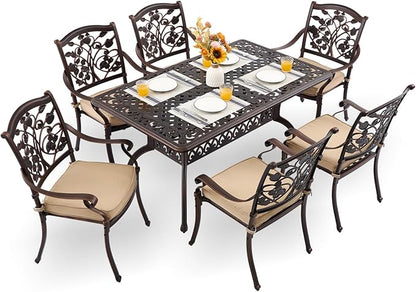 7-Piece Cast Aluminum Patio Furniture, Patio Dining Set for 6 Include 59" Rectangular Outdoor Dining Table and 6 Stackable Chairs with Cushions & Umbrella Hole (Copper Red)