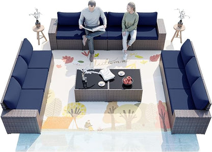 ALAULM 12 Pieces Outdoor Patio Furniture Set Sectional Sofa Sets Brown PE Rattan Patio Conversation Set w/10 Dark Blue Seat Cushions and 2 Coffee Tables