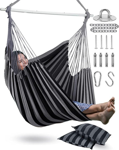 XXL Hammock Chair Hanging Rope Swing with 2 Cushions - Max 500lbs-Perfect for Patio, Porch, Bedroom, Backyard, Indoor or Outdoor - Includes Hanging Hardware Kits