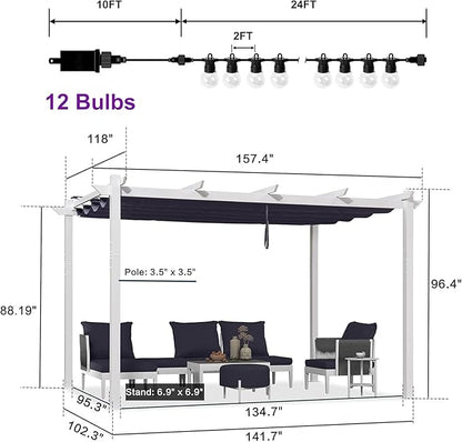 PURPLE LEAF 10' x 13' Patio Aluminum Pergola Outdoor White Heavy-Duty Retractable Metal Pergola with Double Sun Shade Canopy and Light for Backyard Gardens Deck, Navy Blue