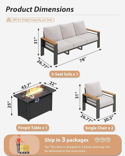 Aoxun Aluminum Outdoor Patio Furniture Set, 6-Piece Outdoor Sectional with 44'' Propane Gas Firepit Table, Patio Conversation Sets with Upgraded Armrests and Cushions for Backyard (Grey,5 Seats)