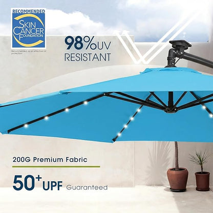 wikiwiki 10ft Solar LED Patio Umbrella with Base Included, Offset Umbrella with Weighted Sandbag Base, Cantilever Patio Umbrellas for Backyard, Garden & Deck, 32 LED Lights & Polyester Shade, Sky Blue