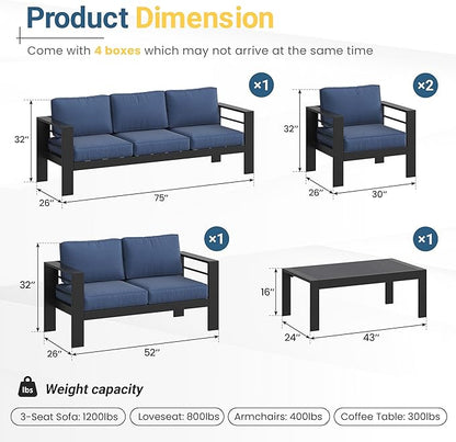 Solaste Aluminum Patio Furniture Set for All Weather, Modern Metal Outdoor Furniture Set with 27.5" Deep Seating and 3.2" Wide Armrest, Outdoor Patio Conversation Set with 10" Back Cushion, Blue