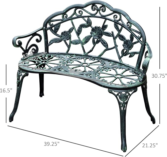 Outdoor Bench, Antique Green Cast Aluminum with Armrests